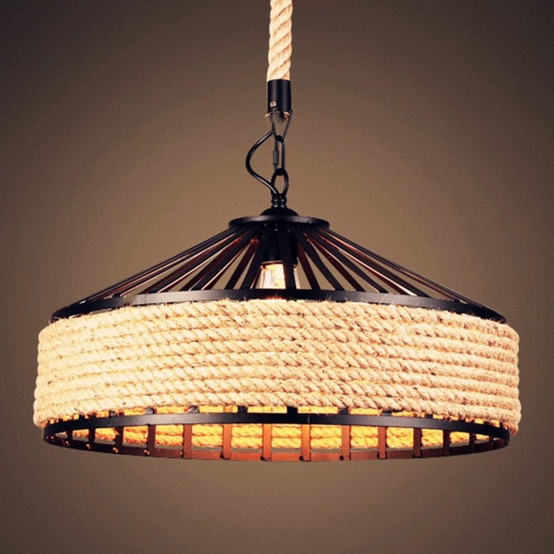 Industrial-Style Drum Pendant Lighting Fixture Rope Hanging Pendant Light in Beige
