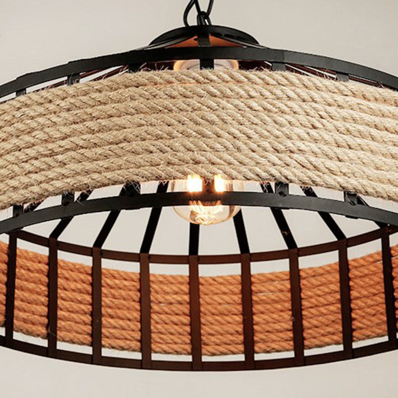 Industrial-Style Drum Pendant Lighting Fixture Rope Hanging Pendant Light in Beige