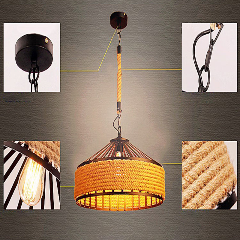 Industrial-Style Drum Pendant Lighting Fixture Rope Hanging Pendant Light in Beige