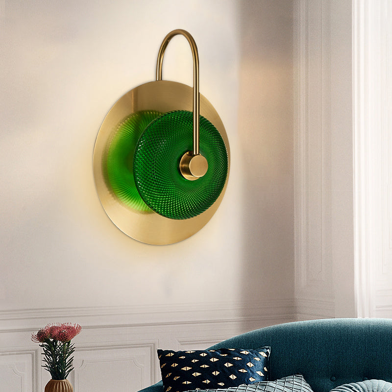 Bell Shape Wall Light Sconce Post Modern Green/Clear Prismatic Glass 1-Light Brass Wall Lamp