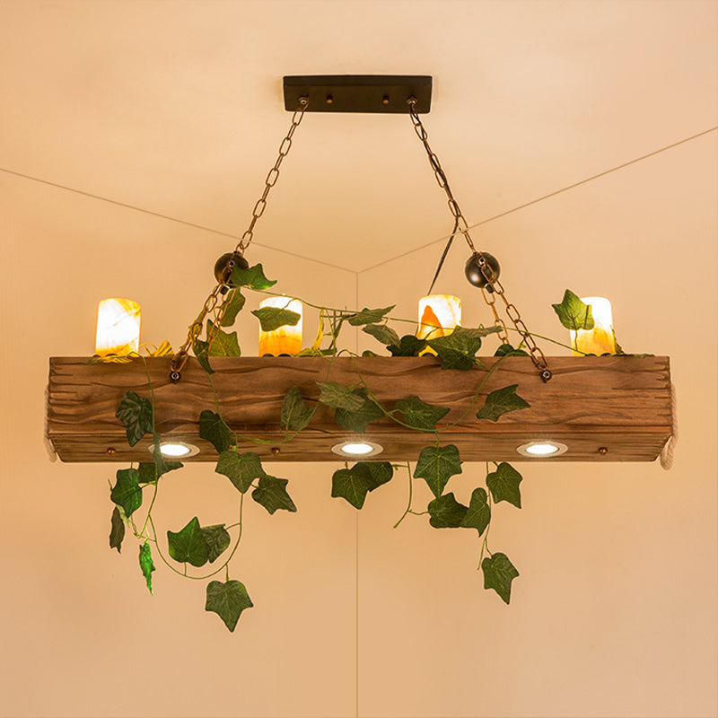 Wooden Linear Island Chandelier Light Farmhouse Style 4 Heads Brown Ceiling Light with Cylinder Shade