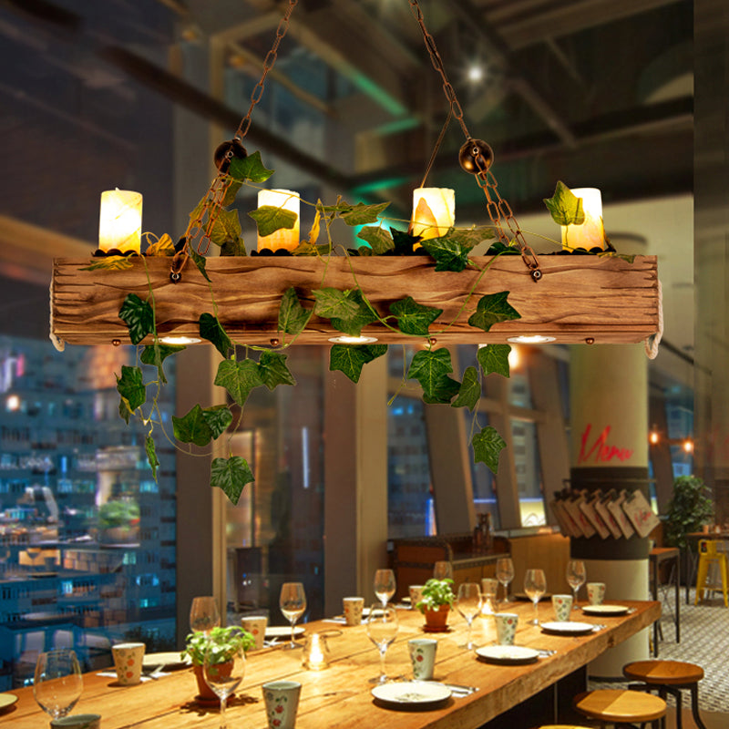 Wooden Linear Island Chandelier Light Farmhouse Style 4 Heads Brown Ceiling Light with Cylinder Shade