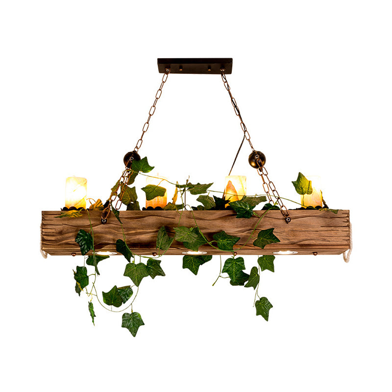Wooden Linear Island Chandelier Light Farmhouse Style 4 Heads Brown Ceiling Light with Cylinder Shade