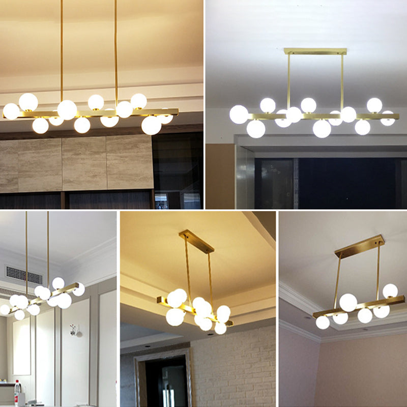 Modern Linear Gold Island Pendant Lighting Spherical Glass Island Ceiling Light for Dining Table