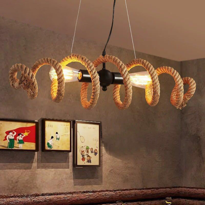 Vintage Hemp Rope Chandelier Indsutrial Retro 2 Light Linear Island Lamp for Restaurant