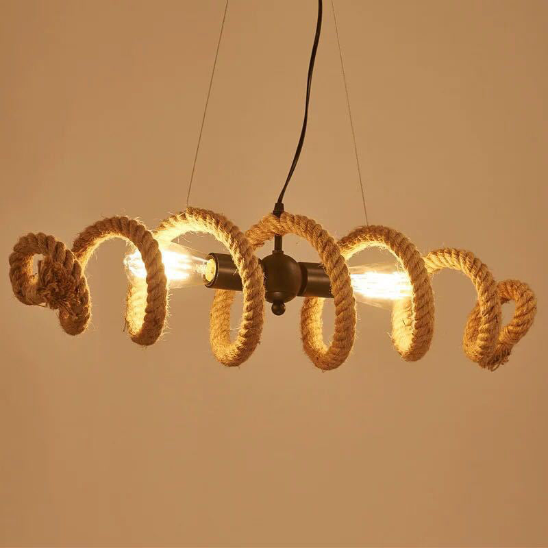 Vintage Hemp Rope Chandelier Indsutrial Retro 2 Light Linear Island Lamp for Restaurant