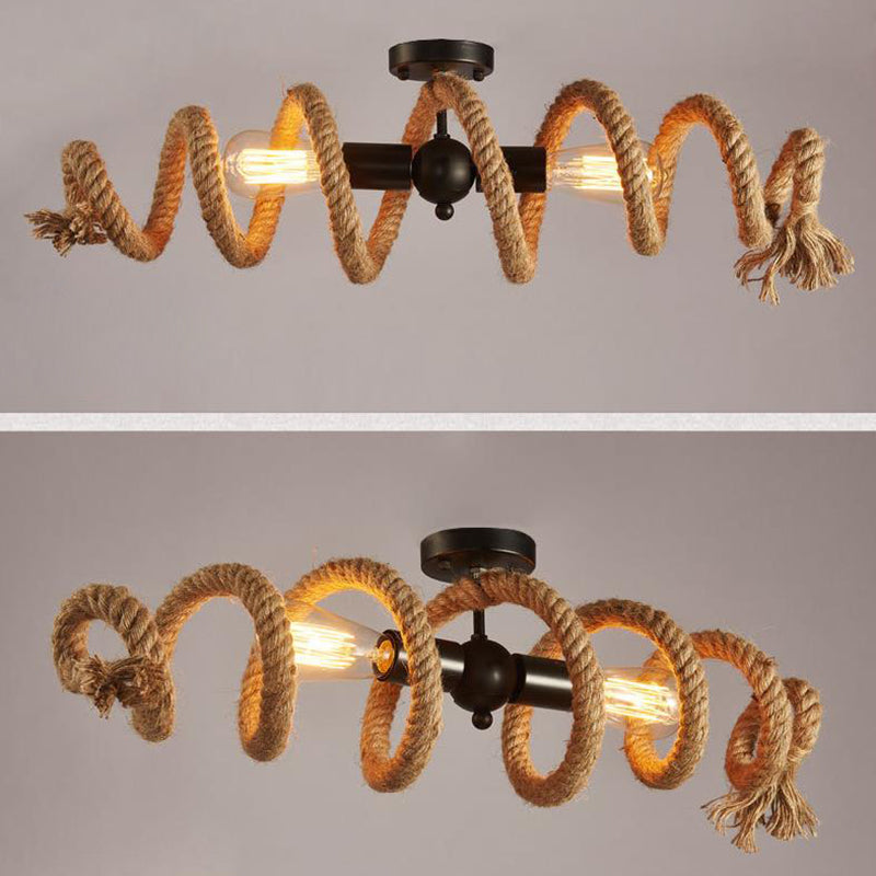 Vintage Hemp Rope Chandelier Indsutrial Retro 2 Light Linear Island Lamp for Restaurant