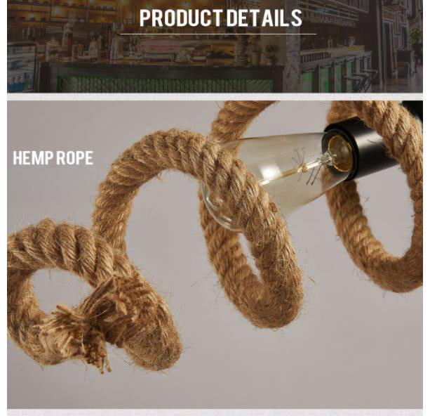 Vintage Hemp Rope Chandelier Indsutrial Retro 2 Light Linear Island Lamp for Restaurant