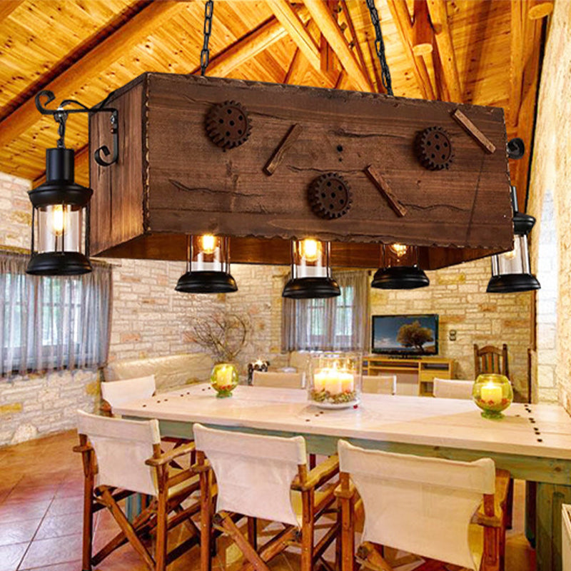 Rectangle Cuisine Chandelier Light Wood and Metal 5 LIXS Retro Style Brown suspension Disponte avec une teinte lanterne