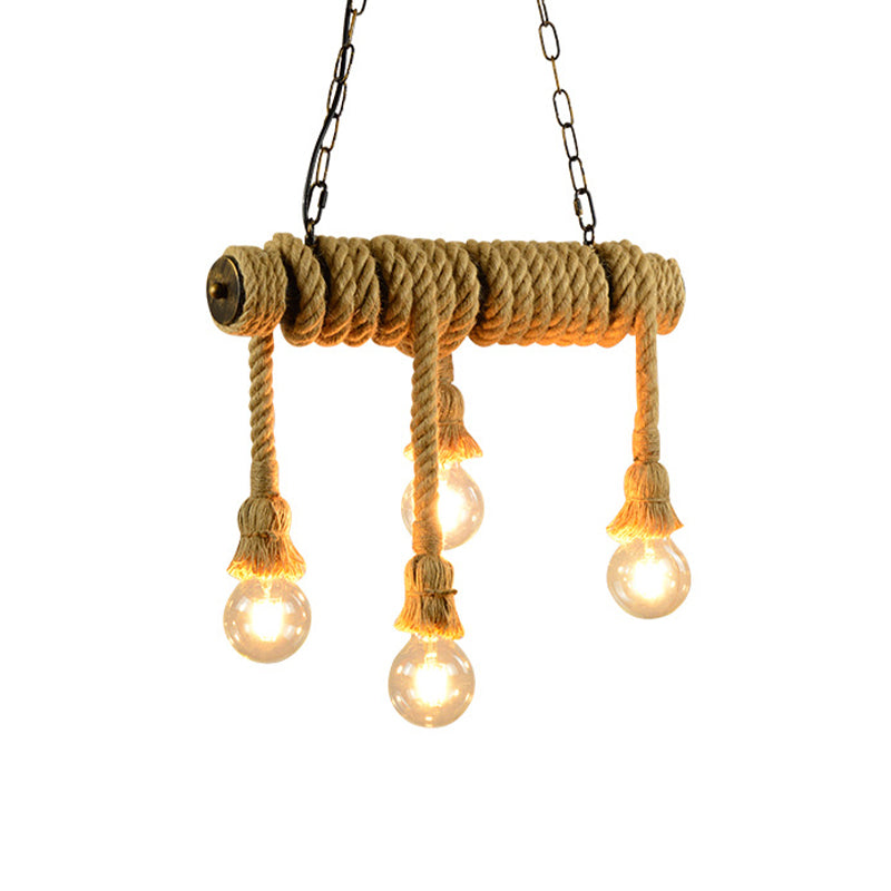 Open Bulb Dining Room Island Lamp Rope 4 Lights Industrial Style Hanging Island Light in Beige