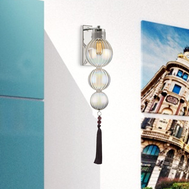 Sphere Sphere de latón/acabado cromado Estilo chino 1 Bulbo transparente/Amber/Lámpara de montaje de pared de vidrio azul claro con nudo de borla