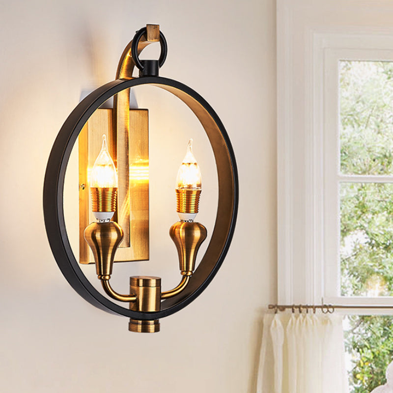 Black Ring Sconce Lighting Farmhouse Style Metal 2 Heads Corridor Mur Murd Murded Lampe avec une ampoule nue