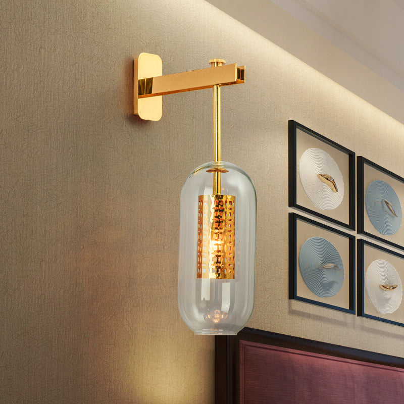 Clear Glass Tube Sconce Light Contemporary 1 Light Brass Bedroom Wall Mount Lamp