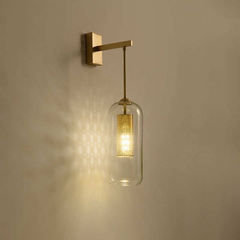 Golden Cylinder Wall Mount Lamp Simple 1 Bulb Clear Glass Sconce Light Fixture for Bedroom