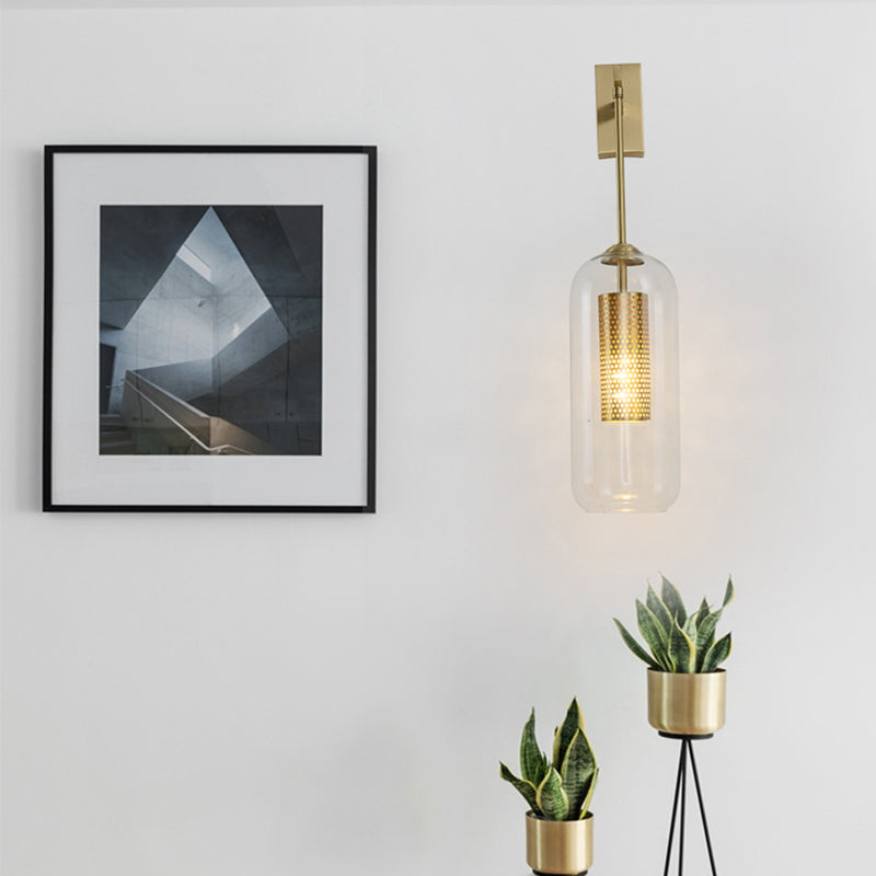 Golden Cylinder Wall Mount Lamp Simple 1 Bulb Clear Glass Sconce Light Fixture for Bedroom