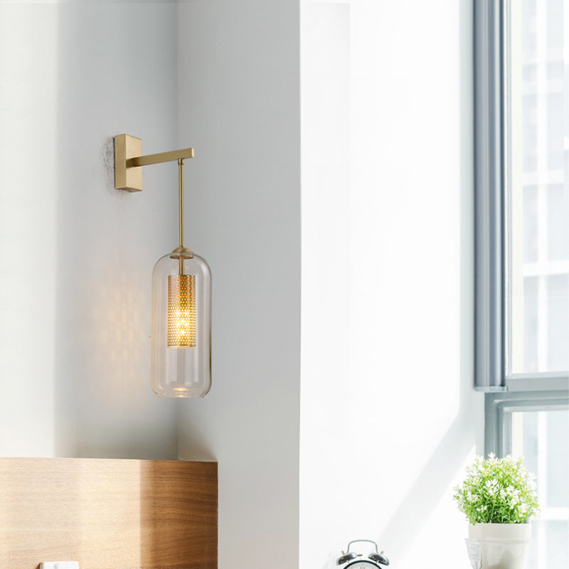 Golden Cylinder Wall Mount Lamp Simple 1 Bulb Clear Glass Sconce Light Fixture for Bedroom