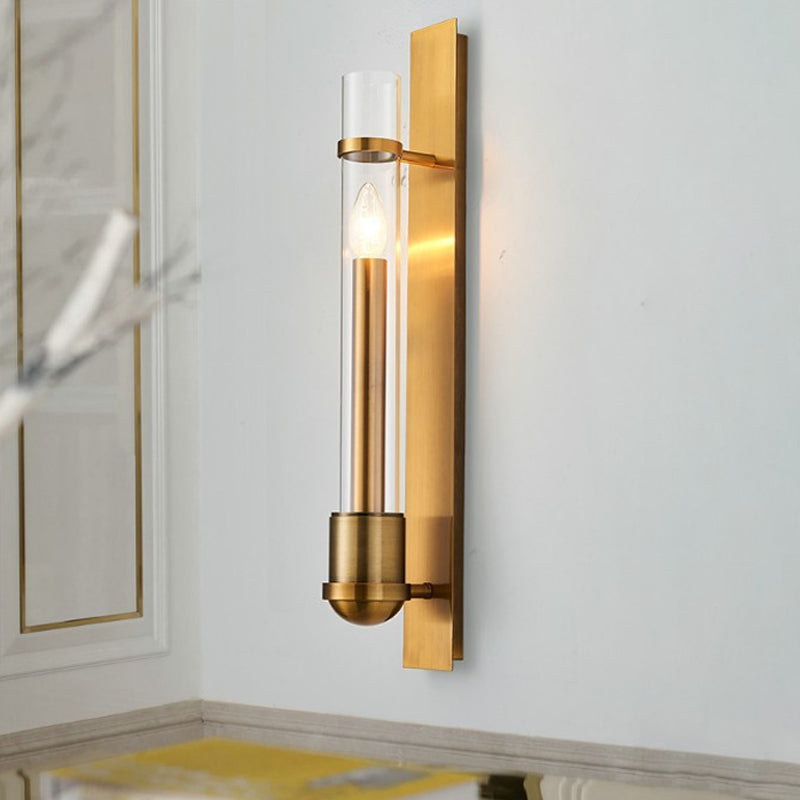 Tubular Clear Glass Wall Sconce Modernism Single Brass Wall Mounted Light Fixture