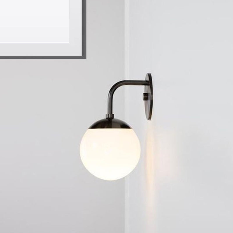 1 Bulb Bedside Sconce Light Minimalist Golden/Black Wall Lamp with Milky Glass Ball Shade