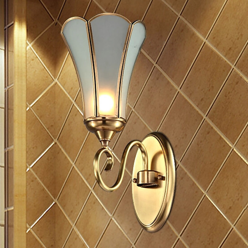 Floral Living Room Wall Lamp Traditional Metal 1 Head Brass Wall Mounted Light with White Bevel Glass Shade