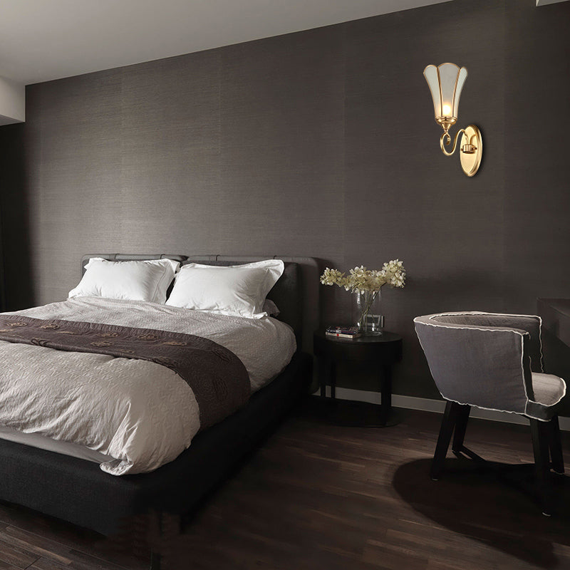 Floral Living Room Wall Lamp Traditional Metal 1 Head Brass Wall Mounted Light with White Bevel Glass Shade