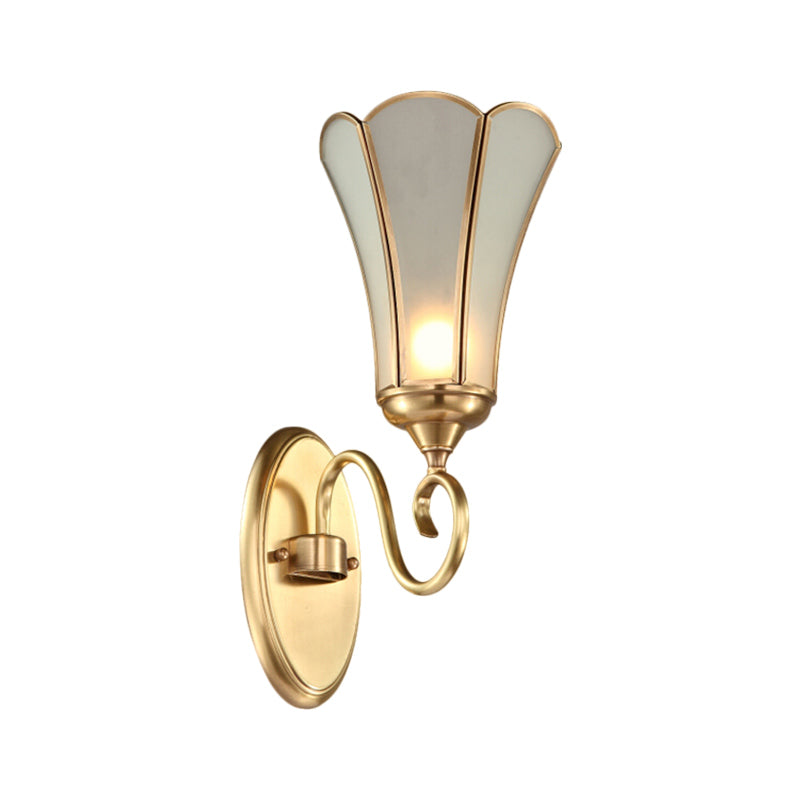 Floral Living Room Wall Lamp Traditional Metal 1 Head Brass Wall Mounted Light with White Bevel Glass Shade