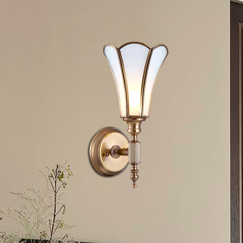 Brass 1-Light Wall Light Sconce Traditional Metal Flower Wall Mounted Lamp with Milk Bevel Glass Shade