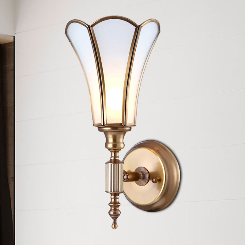 Brass 1-Light Wall Light Sconce Traditional Metal Flower Wall Mounted Lamp with Milk Bevel Glass Shade