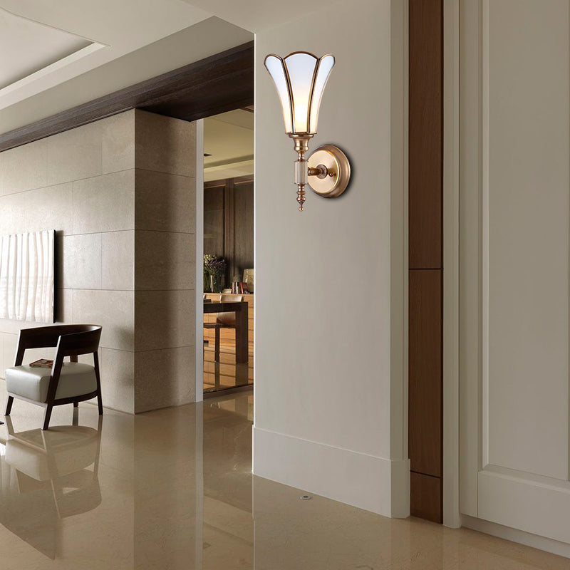 Brass 1-Light Wall Light Sconce Traditional Metal Flower Wall Mounted Lamp with Milk Bevel Glass Shade