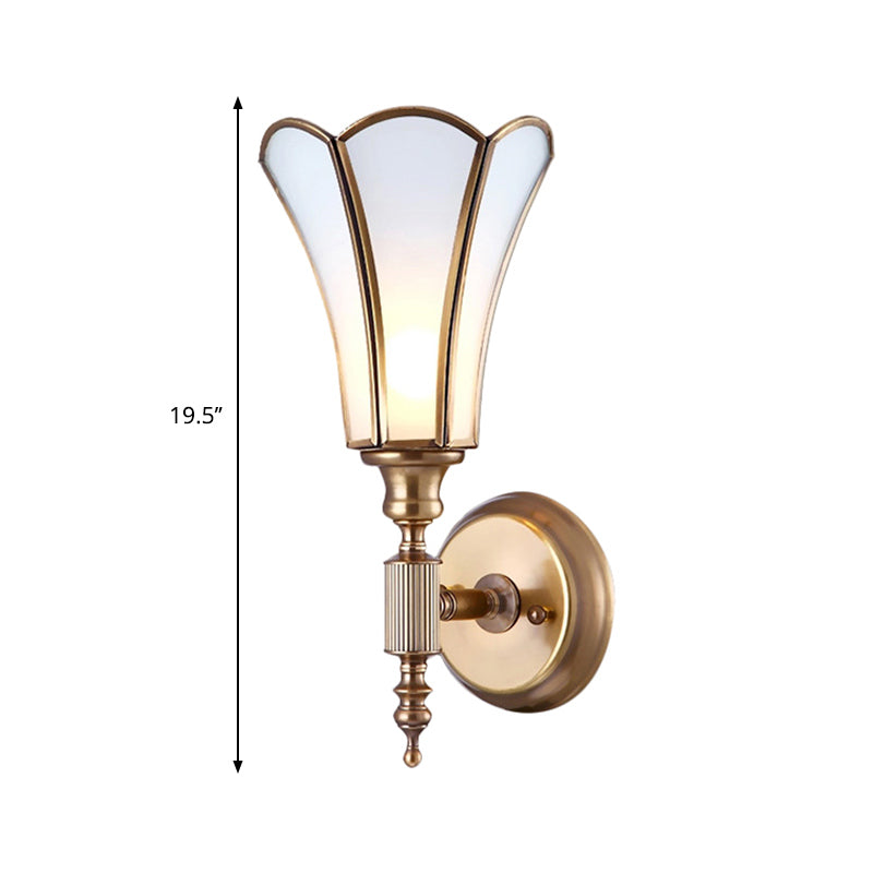 Brass 1-Light Wall Light Sconce Traditional Metal Flower Wall Mounted Lamp with Milk Bevel Glass Shade