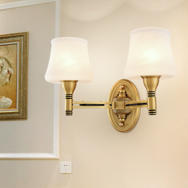 Brass Finish 1/2-Bulb Wall Light Vintage Stylish Milk Glass Cone Shade Wall Sconce Fixture for Bedroom