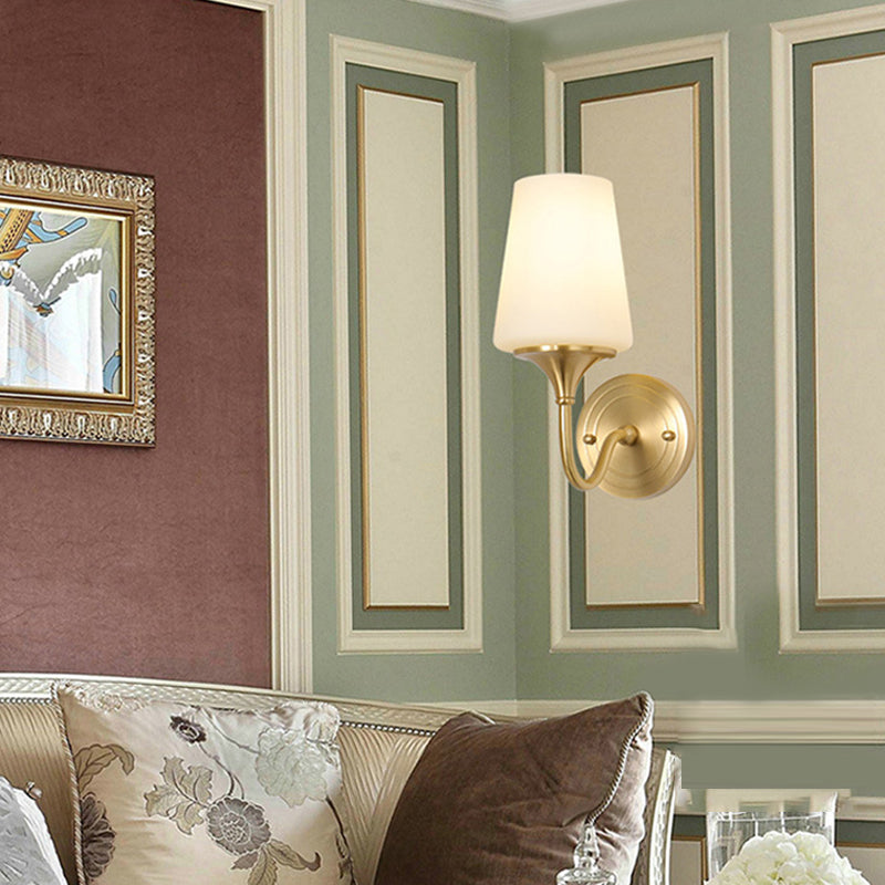 1/2-Bulb Cone Shade Wall Light Contemporary Style White Glass Wall Sconce Lighting in Brass for Bedroom