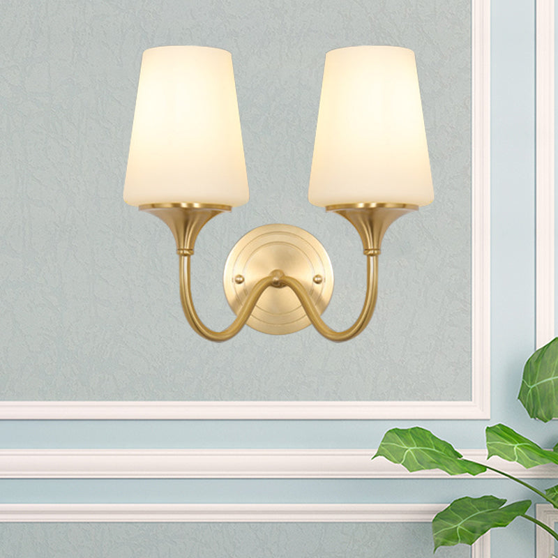 1/2-Bulb Cone Shade Wall Light Contemporary Style White Glass Wall Sconce Lighting in Brass for Bedroom