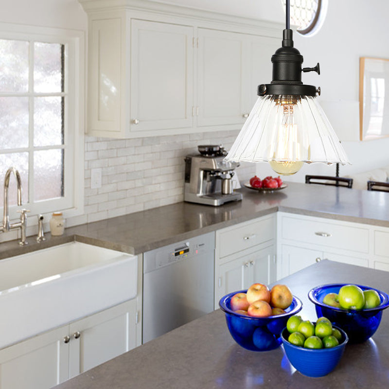 Industrial Style Conic Hanging Lamp Amber/Clear Glass 1 Light Coffee Shop Height Adjustable Pendant Lighting in Black/Bronze/Brass