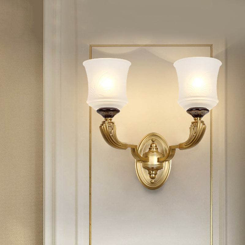Lodge Style Bell Wall Lighting 1/2-Light Opal Glass Wall Sconce Fixture in Brass for Living Room