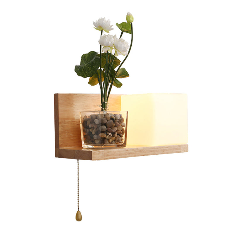 Nordic Style Solid Wood Wall Sconce White Square Glass Shade Wall Mount Light with Hand-pull Switch