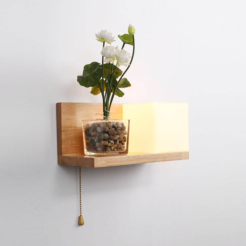 Nordic Style Solid Wood Wall Sconce White Square Glass Shade Wall Mount Light with Hand-pull Switch