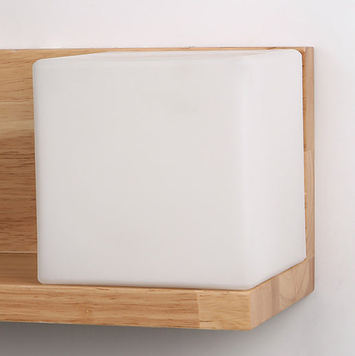 Nordic Style Solid Wood Wall Sconce White Square Glass Shade Wall Mount Light with Hand-pull Switch