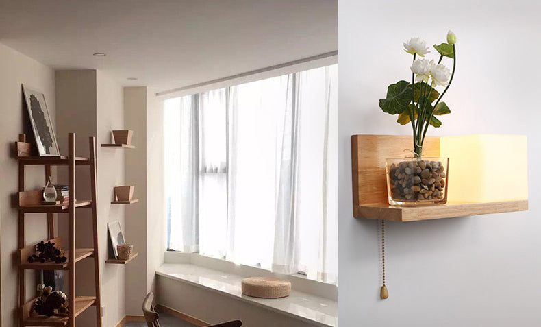 Nordic Style Solid Wood Wall Sconce White Square Glass Shade Wall Mount Light with Hand-pull Switch
