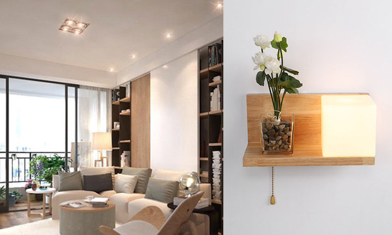 Nordic Style Solid Wood Wall Sconce White Square Glass Shade Wall Mount Light with Hand-pull Switch