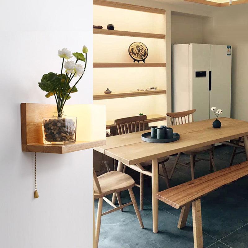 Nordic Style Solid Wood Wall Sconce White Square Glass Shade Wall Mount Light with Hand-pull Switch