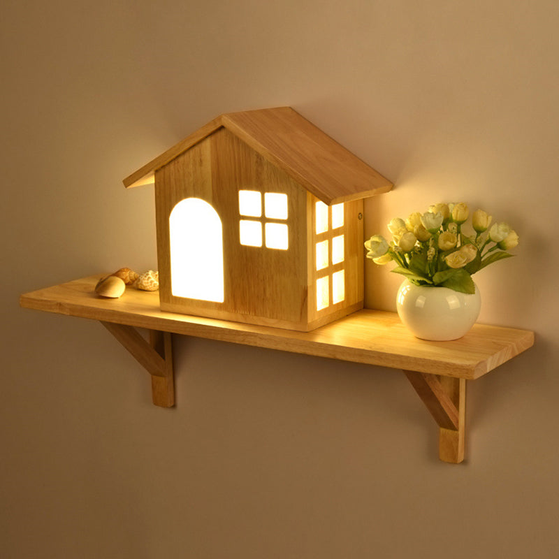 Wooden House-Shape Wall Light Fixture Modern LED Wood Wall Mounted Light Fixture