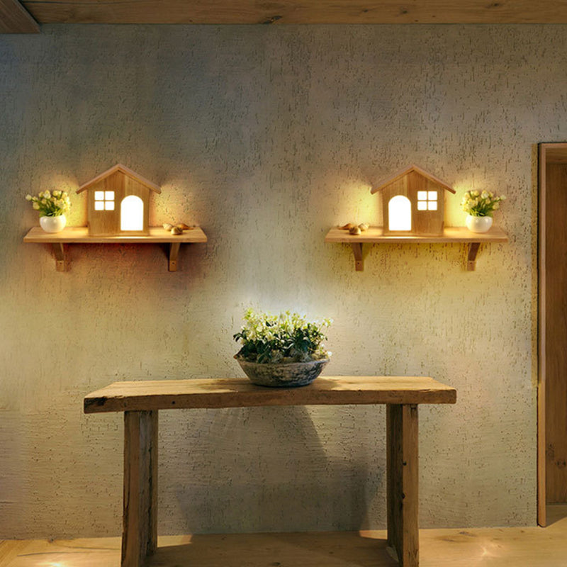 Wooden House-Shape Wall Light Fixture Modern LED Wood Wall Mounted Light Fixture