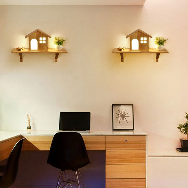 Wooden House-Shape Wall Light Fixture Modern LED Wood Wall Mounted Light Fixture