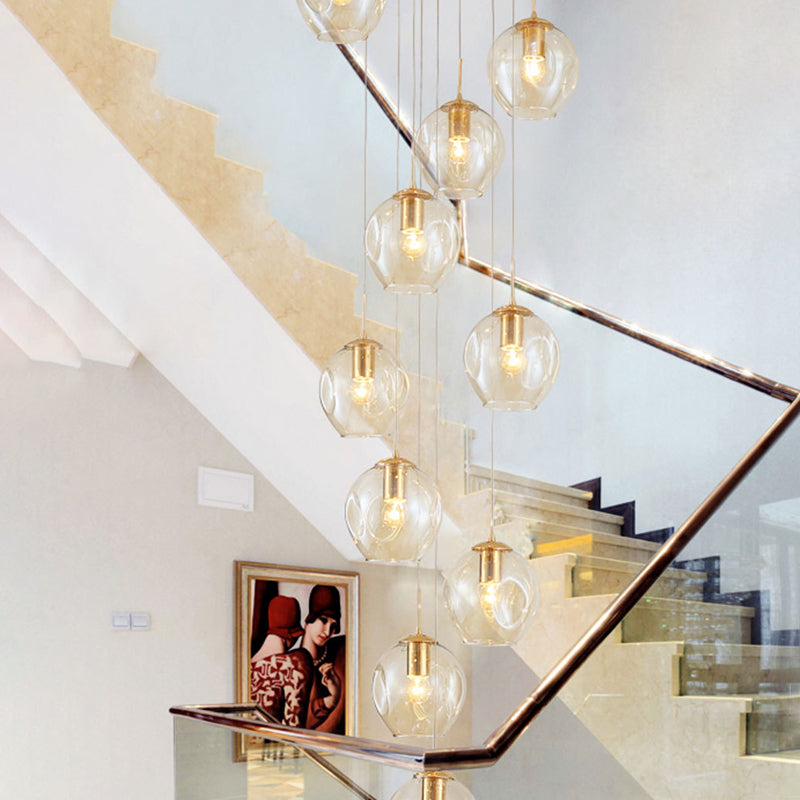 Dimpled Cup Shaped Cluster Pendant Minimalist Cognac Glass 10-Head Stairs Ceiling Light in Brass