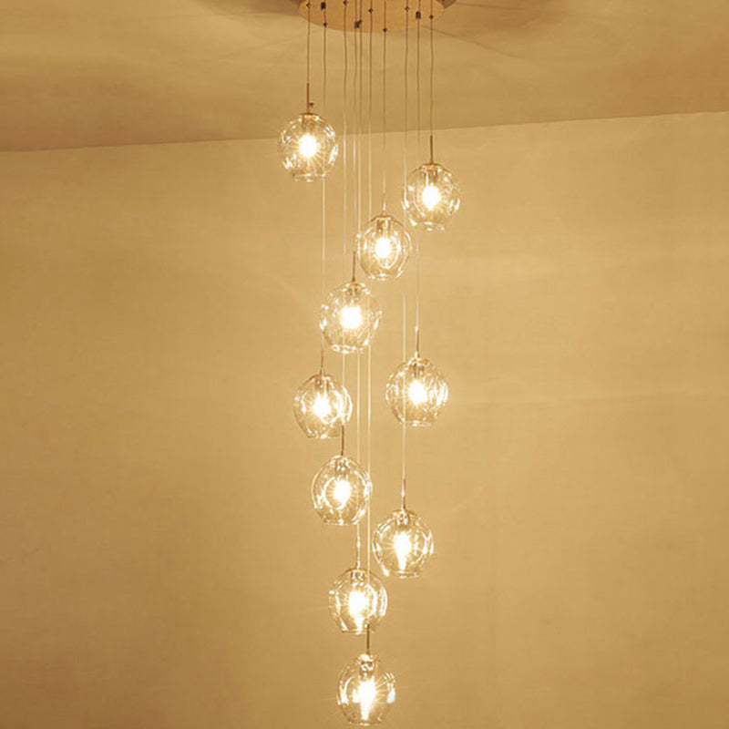 Dimpled Cup Shaped Cluster Pendant Minimalist Cognac Glass 10-Head Stairs Ceiling Light in Brass