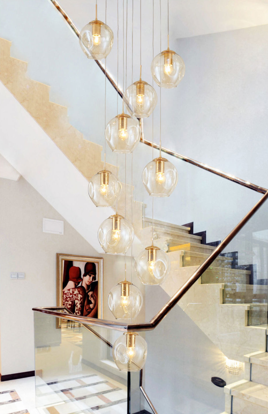 Dimpled Cup Shaped Cluster Pendant Minimalist Cognac Glass 10-Head Stairs Ceiling Light in Brass