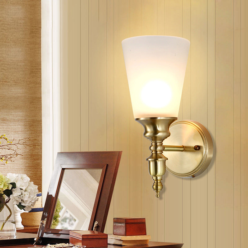 Frosted Glass Conical Wall Mounted Light Vintage Style 1/2-Head Indoor Wall Lighting in Brass