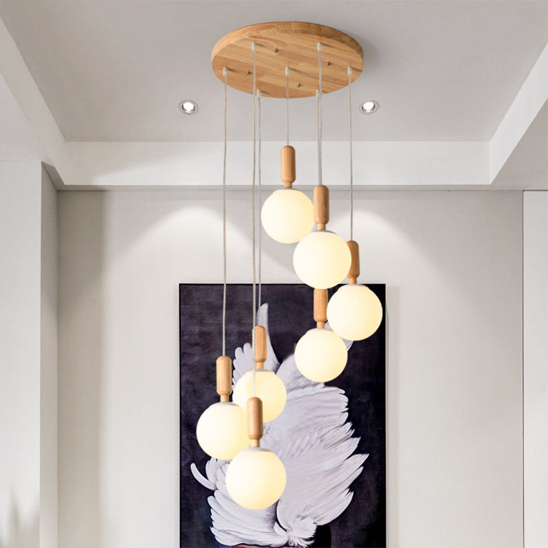Spiral Stair Ceiling Pendant Simple Wood Multi Hanging Lamp with Ball White Glass Shade
