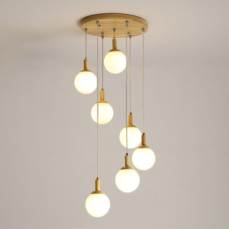 Spiral Stair Ceiling Pendant Simple Wood Multi Hanging Lamp with Ball White Glass Shade