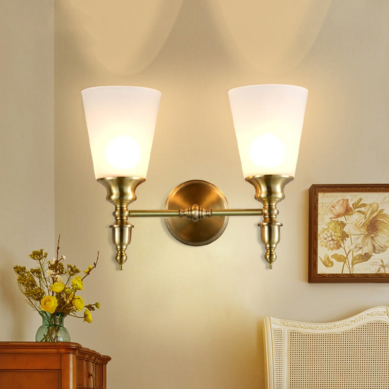 Frosted Glass Conical Wall Mounted Light Vintage Style 1/2-Head Indoor Wall Lighting in Brass